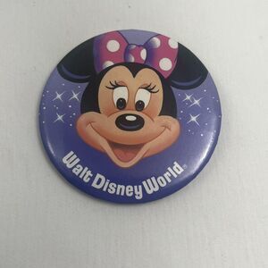 Vintage Minnie Mouse Walt Disney World Pin back Button Purple Sparkles